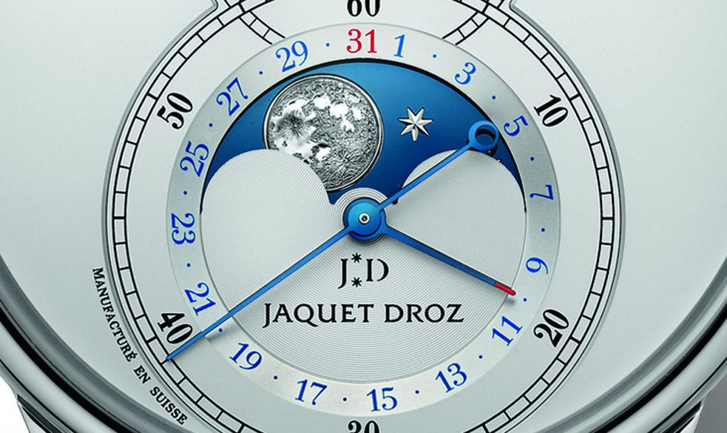 Jaquet Droz Grande Seconde Moon J007530240 - a holdfázis tárcsája kékített acél már-már művészi holdacskával