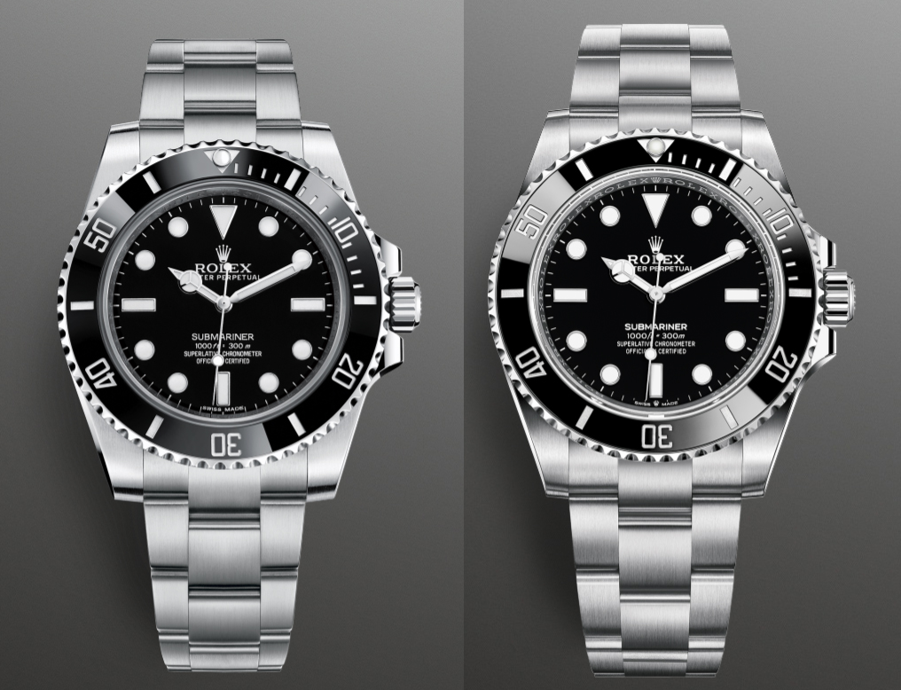 Rolex Oyster Perpetual Submariner 114060 balra és az új Rolex Oyster Perpetual Submariner 124060 jobbra. Méretarányos összehasonlítás. Forrás: Rolex 